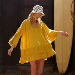 Free People Soak Up the Sun Oversized Flowing Flutter Tiered Cotton+Linen Tunic